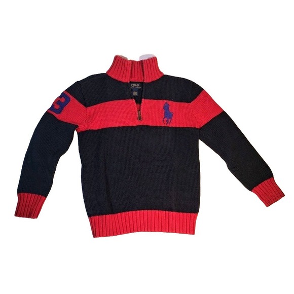 Polo Ralph Lauren Other - Polo Ralph Lauren Kids Navy Red Striped Quarter Zip Sweater Pony Logo Size 7